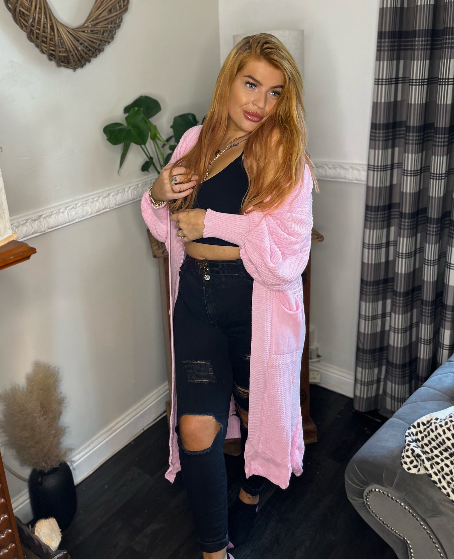 Pink balloon sleeve cardigan